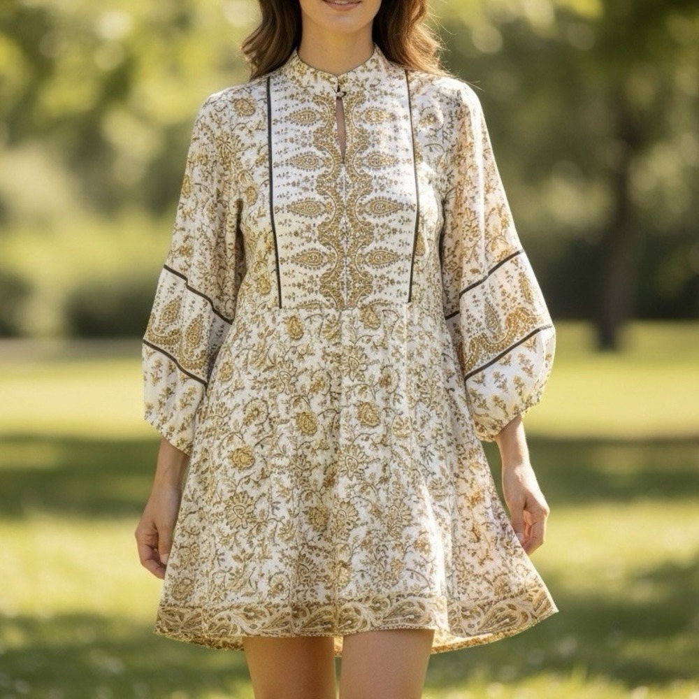 Sue Sartor Flounce Shorty Dress Chai Boteh Print size S Cotton Anthropologie